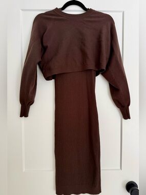 Ingrid and Isabel Brown Ribbed Knit Dress with Matching Cropped Sweater XS